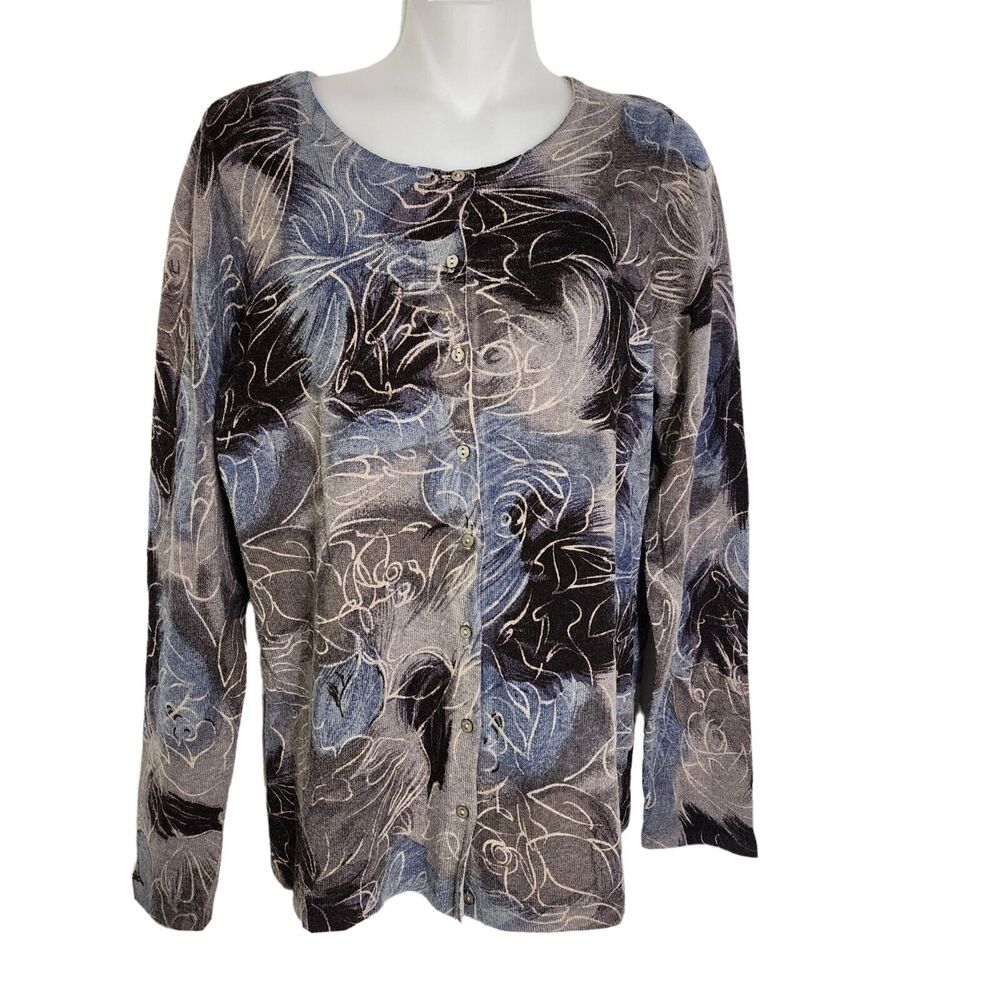 Coldwater Creek Women Cardigan Sweater Medium Button Printed Cashmere Wool Blend